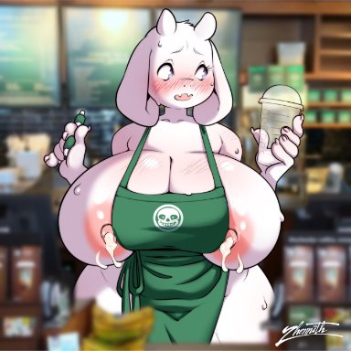 1girl, 1girls, anthro, female, female focus, female only, fur, furry, furry only, goat, goat humanoid, horns, huge breasts, humanoid, iced latte with breast milk