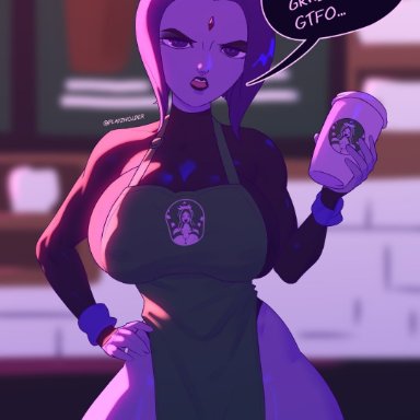 1girls, big breasts, dc, female, female only, iced latte with breast milk, large breasts, looking at viewer, meme, playzholder, raven, solo, starbucks, teen titans, thick thighs