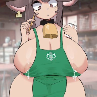 1girls, anthro, apron, apron only, areolae, areolae slip, belly, bovine, bursting breasts, chubby, cleavage, collar, confusion, cow ears, cow girl