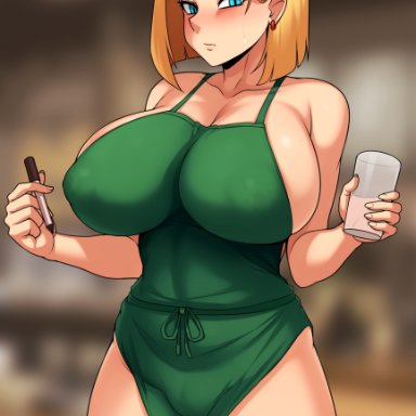 1girls, android 18, apron, blush, breasts, cameltoe, cleavage, dragon ball, dragon ball z, female, huge breasts, jmg, looking at viewer, naked apron, solo