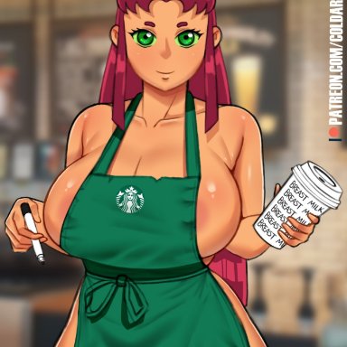 1girls, apron, breasts, coldarsenal, dc, dc comics, female, female focus, female only, ginger hair, green eyes, huge breasts, iced latte with breast milk, looking at viewer, marker