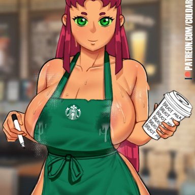 1girls, apron, breasts, coldarsenal, dc, dc comics, female, female focus, female only, ginger hair, green eyes, huge breasts, iced latte with breast milk, lactation, lactation through clothes