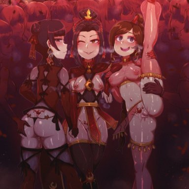 3girls, anticipation, areolae, aroused, asian female, ass, athletic female, avatar the last airbender, azula, back view, big breasts, big eyes, black hair, blush, boots