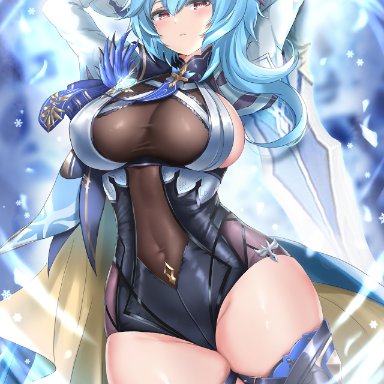 1girls, big breasts, blue hair, blurry background, brown eyes, cape, cleavage, cyicheng, eula (genshin impact), female, female focus, female only, garter, genshin impact, greatsword