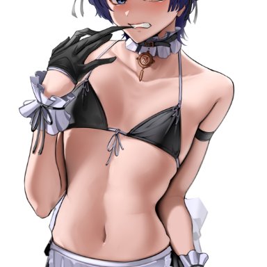 1boy, apron, bikini, blue eyes, blue hair, bondage, femboy, genshin impact, gloves, harris hero, hi res, maid, maid apron, maid headdress, maid uniform