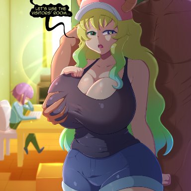 big ass, big breasts, blackmail, dialogue, fake face, groping, groping from behind, jorts, miss kobayashi's dragon maid, quetzalcoatl (dragon maid), short shorts, tagme, tank top, thighhighs