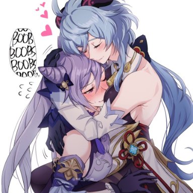 2girls, ahoge, bare shoulders, bell, black gloves, blue hair, blush, breasts, closed eyes, closed mouth, cowbell, ganyu (genshin impact), genshin impact, gloves, goat horns