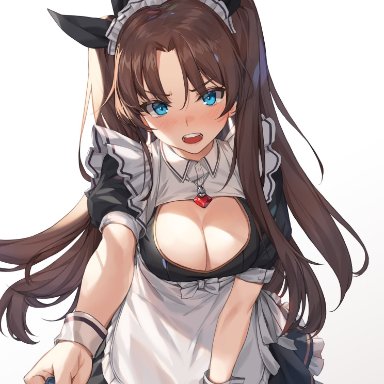 apron, black ribbon, blue eyes, blush, breasts, brown hair, cleavage, clothing, cutout, emiya shirou, fate/grand order, fate/stay night, fate (series), female, hair ornament