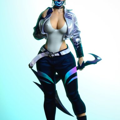 1girls, 3d, akali, alternate costume, big breasts, breasts, choker, cleavage, erect nipples under clothes, female, female only, k/da akali, k/da all out akali, k/da all out series, k/da series