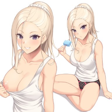 :d, :o, bare arms, bare shoulders, black panties, blonde hair, breasts, cleavage, collarbone, eyeshadow, female, food, forehead, grin, gyaru