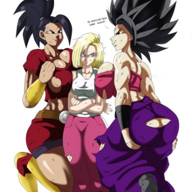 3girls, android 18, annoyed, arms crossed, arms crossed under breasts, ass, big ass, big breasts, big butt, big muscles, black hair, blonde hair, blue eyes, breast press, breast size difference