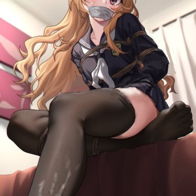 aisaka taiga, arms behind back, arms tied behind back, bangs, bed, black legwear, black serafuku, black skirt, blush, bondage, brown eyes, brown hair, clavicle, clothing, cum on clothes