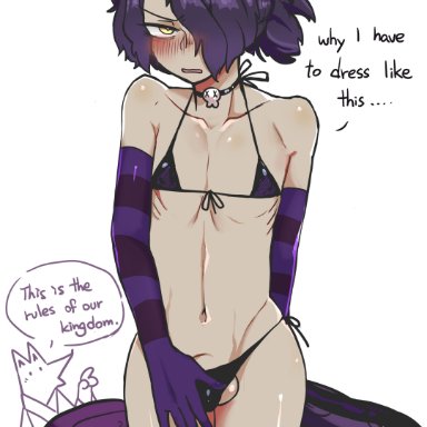 1boy, androgynous, balls, black hair, blush, cat ears, cat tail, cookie run, embarrassed, femboy, humanized cookie, licorice cookie, nohtuy18, penis, purple hair