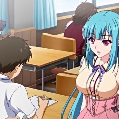 1girl, animated, aqua hair, ass, bouncing breasts, breasts, censored, classroom, cum, cum in mouth, desk, fellatio, hair ribbon, hand on head, large breasts