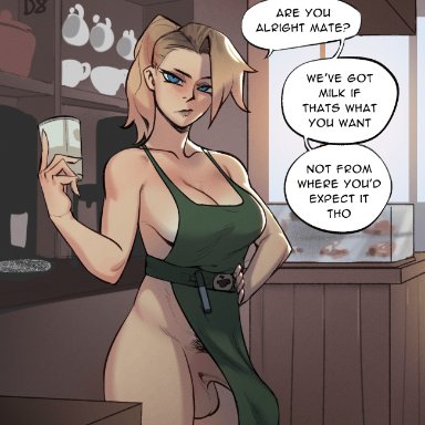 1futa, apron, apron only, barista, big breasts, big penis, breasts, bulge, clothed, clothing, dialogue, english text, erection, erection under clothes, futa only