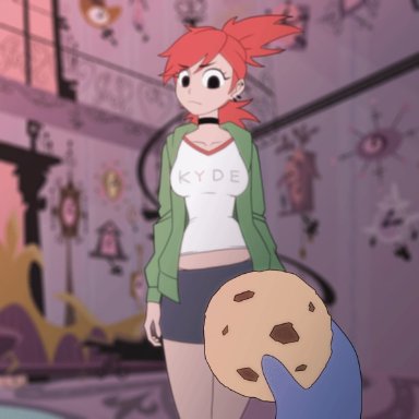 1girls, animated, animated gif, blackmail, bloo, blurry, blurry background, blurry foreground, bra, choker, clothes lift, cookie, depth of field, food, foster's home for imaginary friends