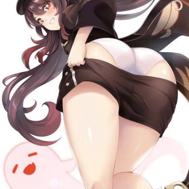 ass, ass focus, brown hair, female, from behind, genshin impact, ghost, hu tao (genshin impact), panties, red eyes, shorts pull, smile, twintails, underwear, undressing