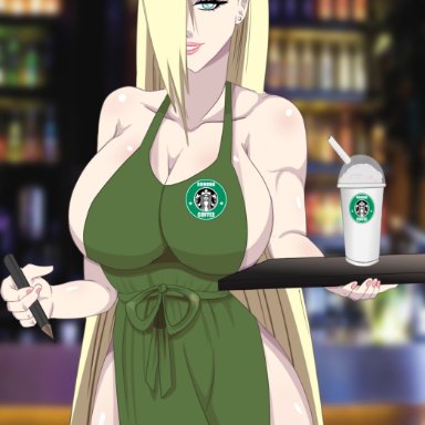 1girls, apron, apron only, big breasts, blonde hair, boruto: naruto next generations, breasts, busty, cup, drink, female, female only, hair over one eye, holding object, iced latte with breast milk