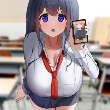 big breasts, blue eyes, blue hair, cellphone, cellphone picture, classroom, cleavage, fair skin, fang, female, fully clothed, huge breasts, ilulu (dragon maid), long hair, looking at viewer