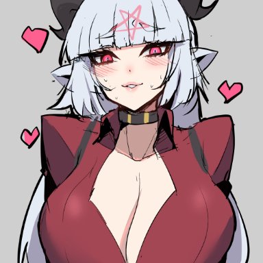 1girls, animal ears, bangs, baphomet (grizz), blush, breasts, choker, cleavage, clothed, clothing, demon girl, female only, funaya (a2brasd), grey background, heart