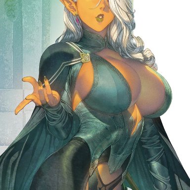 bangs, breasts, bridal gauntlets, cape, cleavage, dark-skinned female, dark elf, dark skin, earrings, elf, fantasy, homare (fool's art), jewelry, large breasts, lips