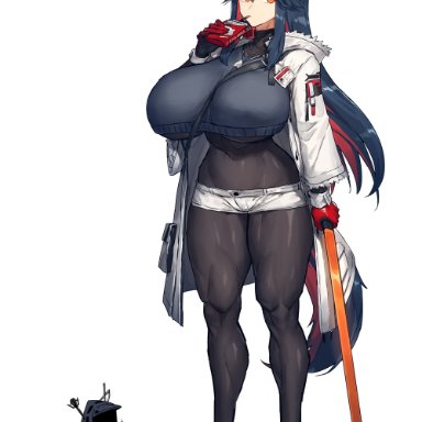 alternate breast size, animal ears, arknights, big breasts, curvy, dark hair, doctor (arknights), huge breasts, looking at viewer, melon22, multicolored hair, muscular, muscular female, muscular thighs, pale-skinned female