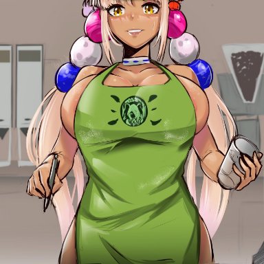 apron, apron only, busty, female, female focus, female only, gawr gura, hololive, hololive english -council-, hourglass figure, iced latte with breast milk, sideboob, tagme, tsukumo sana, vialnite