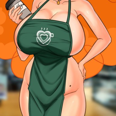 1girls, apron, apron only, auburn hair, beauty mark, cartoon network, curvy, curvy female, female, female only, huge breasts, iced latte with breast milk, light-skinned female, light skin, long hair