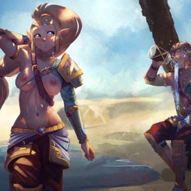 1boy, 1boy1girl, 1girls, blonde hair, blue eyes, blush, desert, eltonel, fit female, gerudo outfit, green eyes, hylian, large breasts, link, long hair