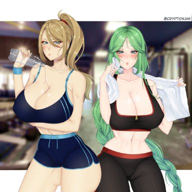 2girls, arm under breasts, ass, bare midriff, bare thighs, blonde hair, blue eyes, blush, bottle, breasts, cleavage, covered nipples, crossover, cryptid crab, female only