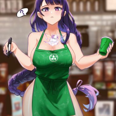 1girls, apron, blush, braid, burnt green tea, cleavage, drink, female, genshin impact, hi res, iced latte with breast milk, large breasts, looking at viewer, milk bottle, naked apron