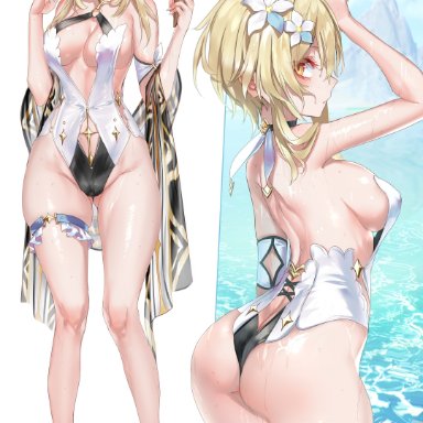 1girls, ass, blonde hair, blush, breasts, genshin impact, lumine (genshin impact), nipple bulge, pottsness, swimsuit, thick ass, thick thighs, thighs, wet, yellow eyes