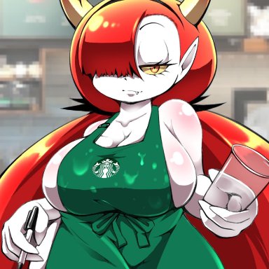 1girls, apron, cleavage, cocco, female, female focus, female only, front view, hair over one eye, hairbow, hekapoo, horns, huge breasts, humanoid, iced latte with breast milk