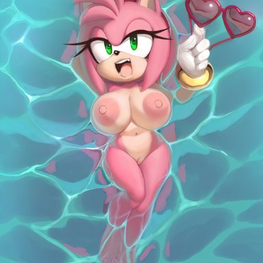1girls, 5 fingers, 8k, absurd res, amy rose, anthro, areola, areolae, big breasts, black nose, bracelet, breasts, busty, completely nude, completely nude female