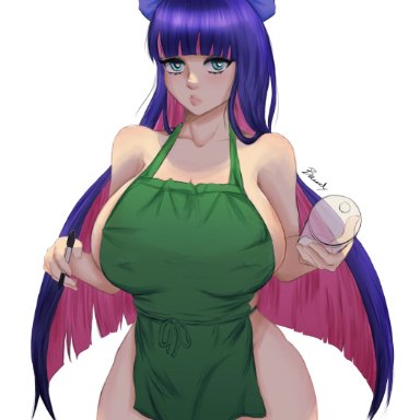 1girls, apron, bawdy, blue eyes, hair tie, huge breasts, iced latte with breast milk, light-skinned female, light skin, panty & stocking with garterbelt, purple hair, stocking anarchy, stockings, thick thighs, two tone hair
