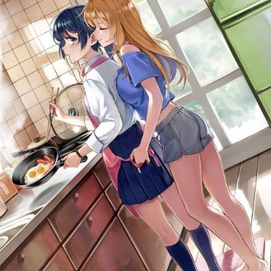 2girls, apron, barefoot, big breasts, blouse, breast press, chin lenght hair, cooking, kitchen, midriff, shorts, skirt, small breasts, socks, sweat