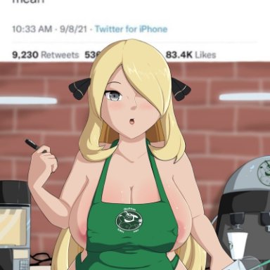 1female, aerola, apron, apron only, big breasts, blonde hair, brick wall, counter, cup, cynthia (pokemon), espresso machine, hair covering eyes, holding object, iced latte with breast milk, lamps