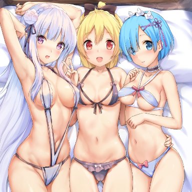 3girls, ahoge, archway of venus, armpits, arms behind head, arms up, bare arms, bare legs, bare shoulders, bare thighs, bed, bikini, black legwear, black thighhighs, blonde hair