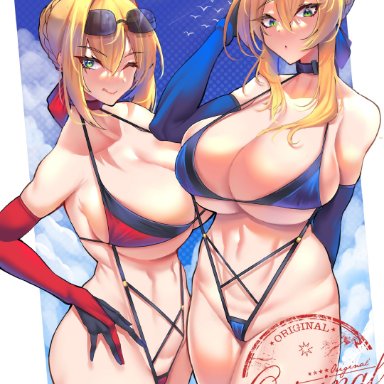 2021, 2girls, :o, ahoge, artoria pendragon, artoria pendragon (lancer), belly button, bikini, blonde hair, blue bikini, blue bow, blue sky, bow, bow in hair, breasts