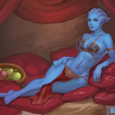 armlet, asari, belly dancer, belly dancer outfit, blue eyes, blue skin, cleavage, crossover cosplay, dancer, dancer outfit, fit female, fruit bowl, harem outfit, large breasts, liara t'soni