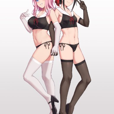 2girls, adapted costume, adapted uniform, alternative costume, bangs, bikini, black bow, black footwear, black gloves, black hair, black legwear, blue eyes, blush, bow, breasts