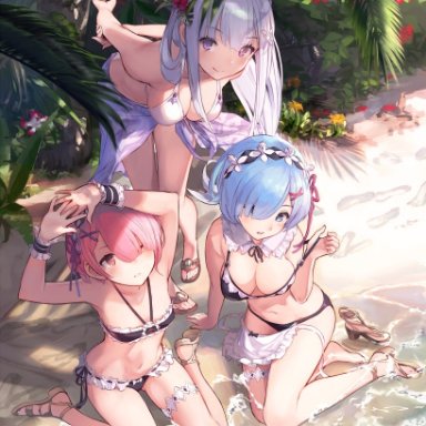 3girls, apron, apron pull, armpits, arms behind back, arms up, bangs, bare arms, bare legs, bare shoulders, bare thighs, barefoot, beach, bent knees, bent over