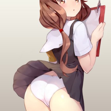 1girls, absurd res, blush, brown eyes, brown hair, clipboard, clothes lift, collared dress, coon, dress, dress lift, exposed thighs, eyebrows visible through hair, from behind, hi res