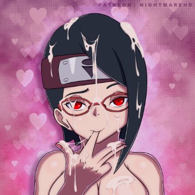 1girls, after sex, alternate breast size, big breasts, black hair, boruto: naruto next generations, breasts, cleavage, colored nails, cum, cum on ass, cum on body, cum on breasts, cum on face, cum on hand