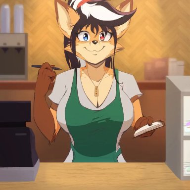 1girls, 2021, animal ear fluff, animal ears, animated, anthro, apron, apron lift, artist name, bait and switch, bare arms, barista, black hair, blinking, blue eyes