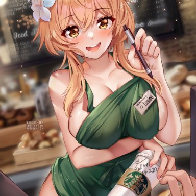 1boy, 1girls, 420 (number), 69 (number), :d, apron, bangs, bare arms, bare shoulders, blonde hair, blush, breast hold, breasts, cleavage, collarbone