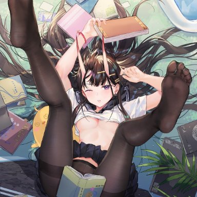 ;o, anthropomorphization, arms up, atdan, azur lane, bird, black hair, black legwear, black skirt, book, bracelet, breasts, censored, chick, chicken