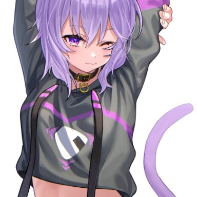 ;3, ahoge, animal ear fluff, animal ears, arm behind head, bangs, black collar, black jacket, cat tail, catgirl, collar, deca purio, eyebrows visible through hair, female, high resolution