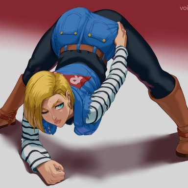1girls, android 18, blonde hair, blue eyes, boots, cameltoe, cleavage, curvy, dragon ball, erect nipples, female, huge areolae, huge ass, huge breasts, jack-o pose