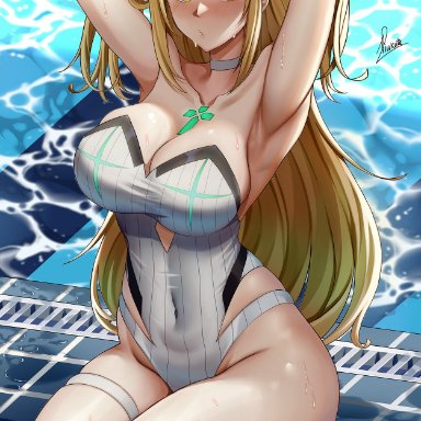 1girls, 2021, armpits, arms up, artist signature, bangs, bare legs, blonde hair, blush, breasts, choker, cleavage, competition swimsuit, core crystal, feet